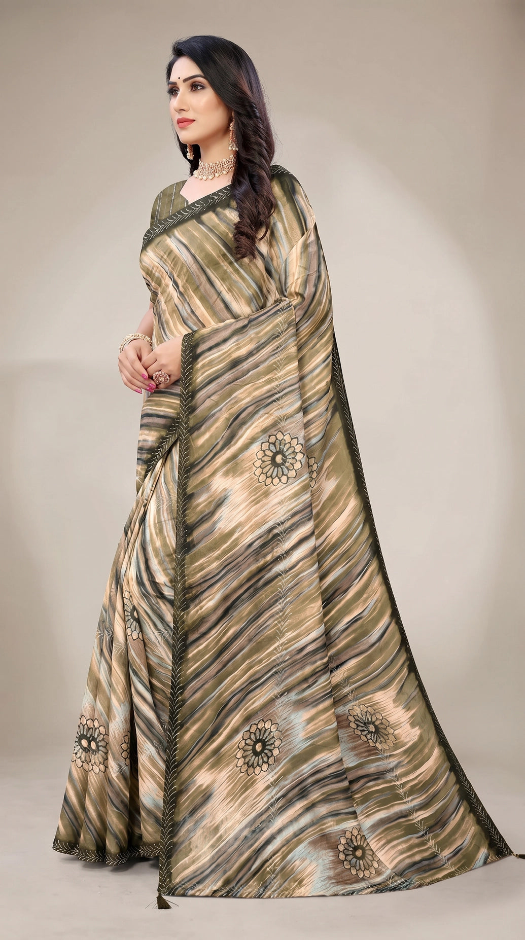Brown Georgette Saree with Floral Motifs, Zari-Look Border and Striped Design | Jasmin Zomato Saree