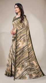 Brown Georgette Saree with Floral Motifs, Zari-Look Border and Striped Design | Jasmin Zomato Saree