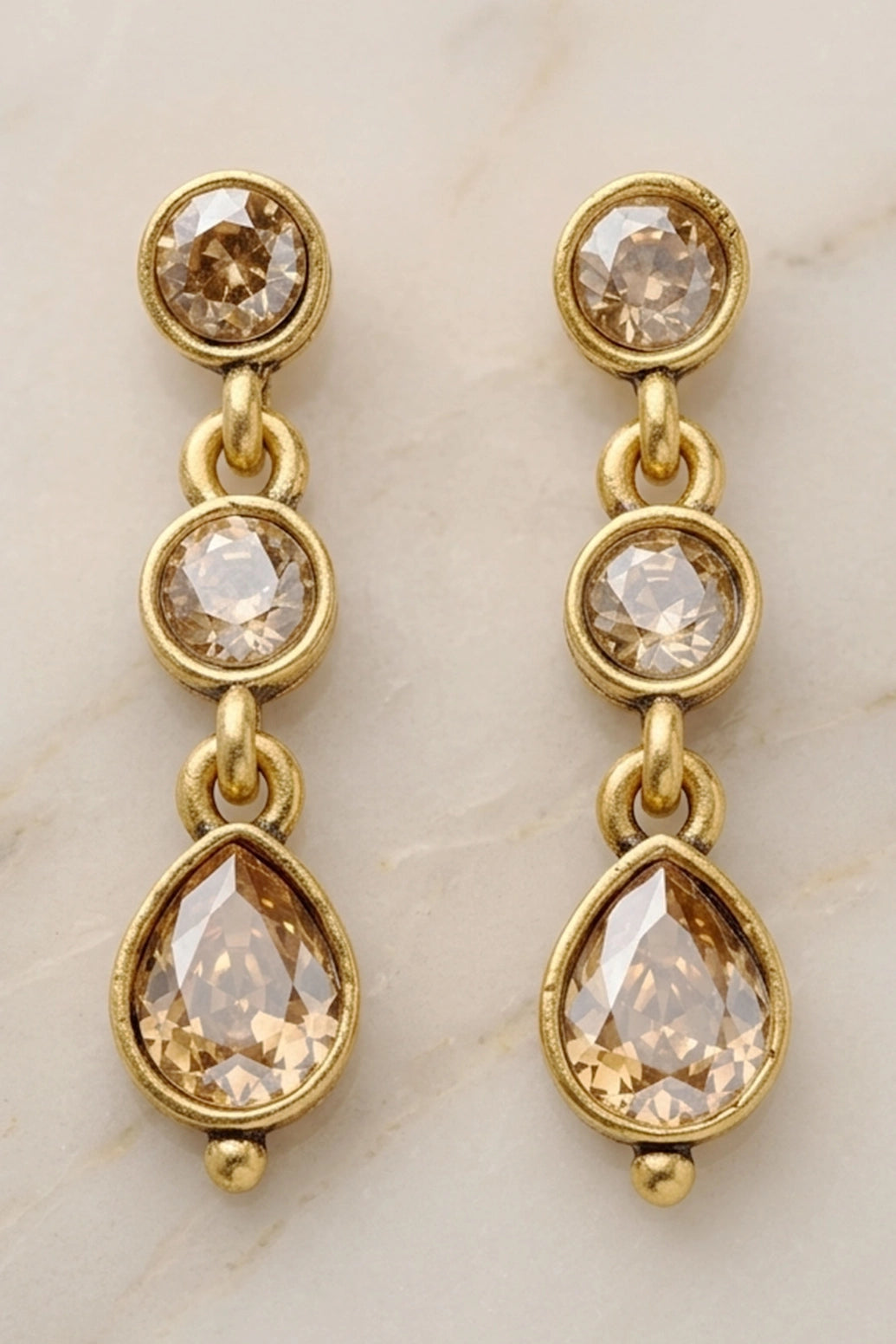 Gold-Tone Teardrop Dangler Fashion Earrings with Oval Stones, 3-Stone Vertical Design