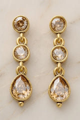 Gold-Tone Teardrop Dangler Fashion Earrings with Oval Stones, 3-Stone Vertical Design