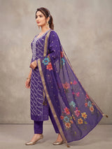 Purple Roman Silk 3-Piece Kurti Set with Embroidery, Elastic Pant & Digital Jacquard Dupatta