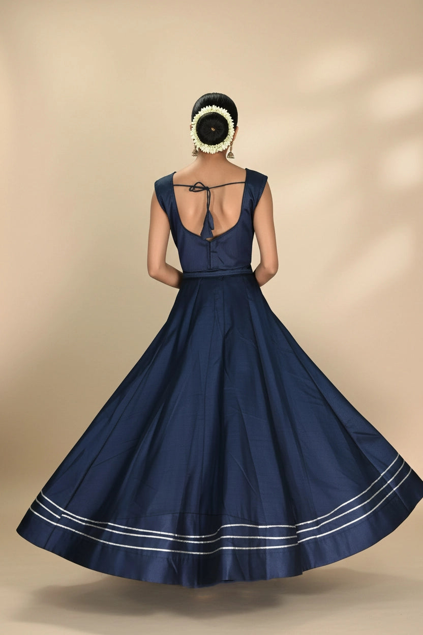 Navy Blue Silk Lehenga with Silver Stripe Border and Sleeveless High-Neck Blouse