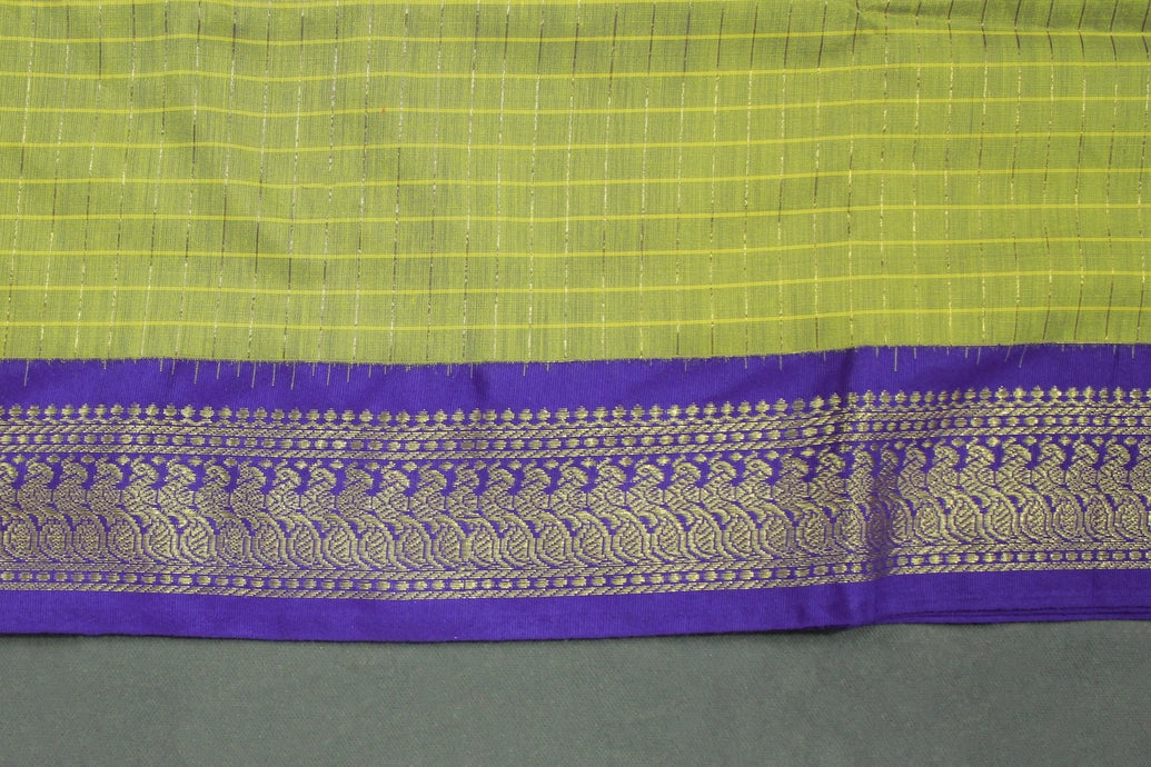 Kalyani Cotton Saree Olive Green with Zari Checked & Zari Peacock Border and Blouse Piece