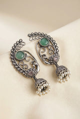 Mint Green Antique Oxidized Peacock Jhumka Earrings with Pearl Bead Drops for Women