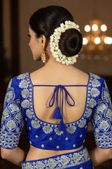 Royal Blue Zari Floral Paisley Padded Blouse, Fully Stitched, Elbow Sleeve, Back Knot, Alterable Fit