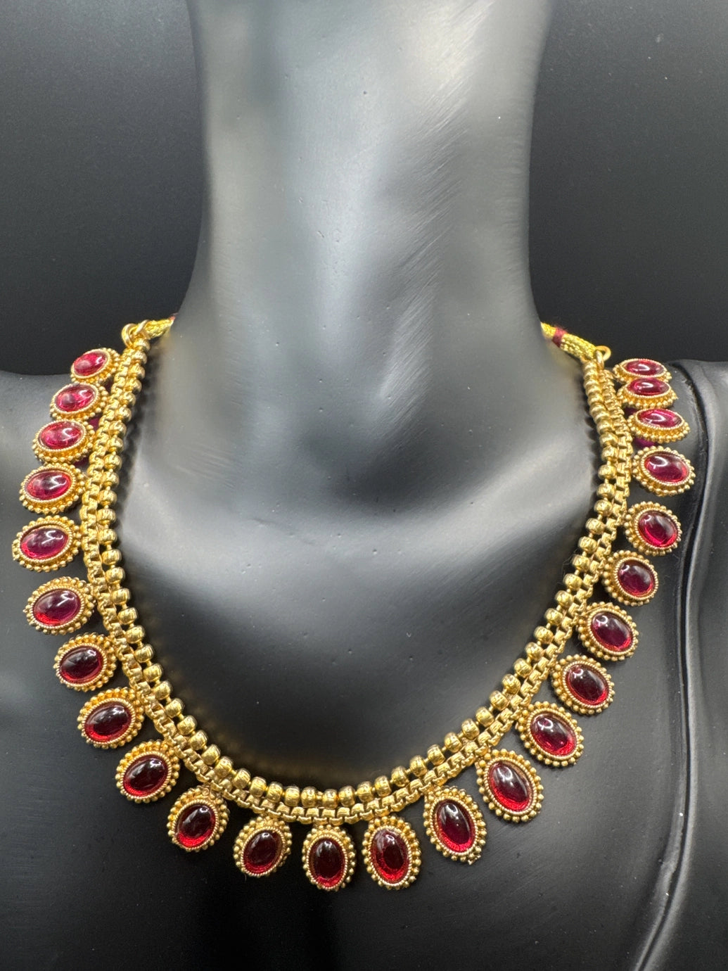 Traditional Gold-Tone Necklace Set with Oval Green or Pink Imitation Stones and Matching Earrings for Ethnic Wear