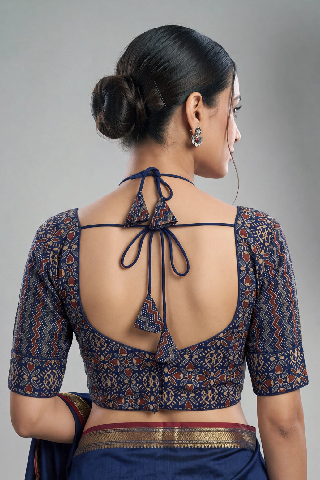 Navy Blue Ajrakh-Inspired Padded Readymade Cotton Blouse with Zigzag Geometric Floral Motifs, Elbow Sleeve, Back Knot