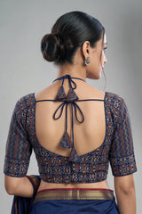 Navy Blue Ajrakh-Inspired Padded Readymade Cotton Blouse with Zigzag Geometric Floral Motifs, Elbow Sleeve, Back Knot