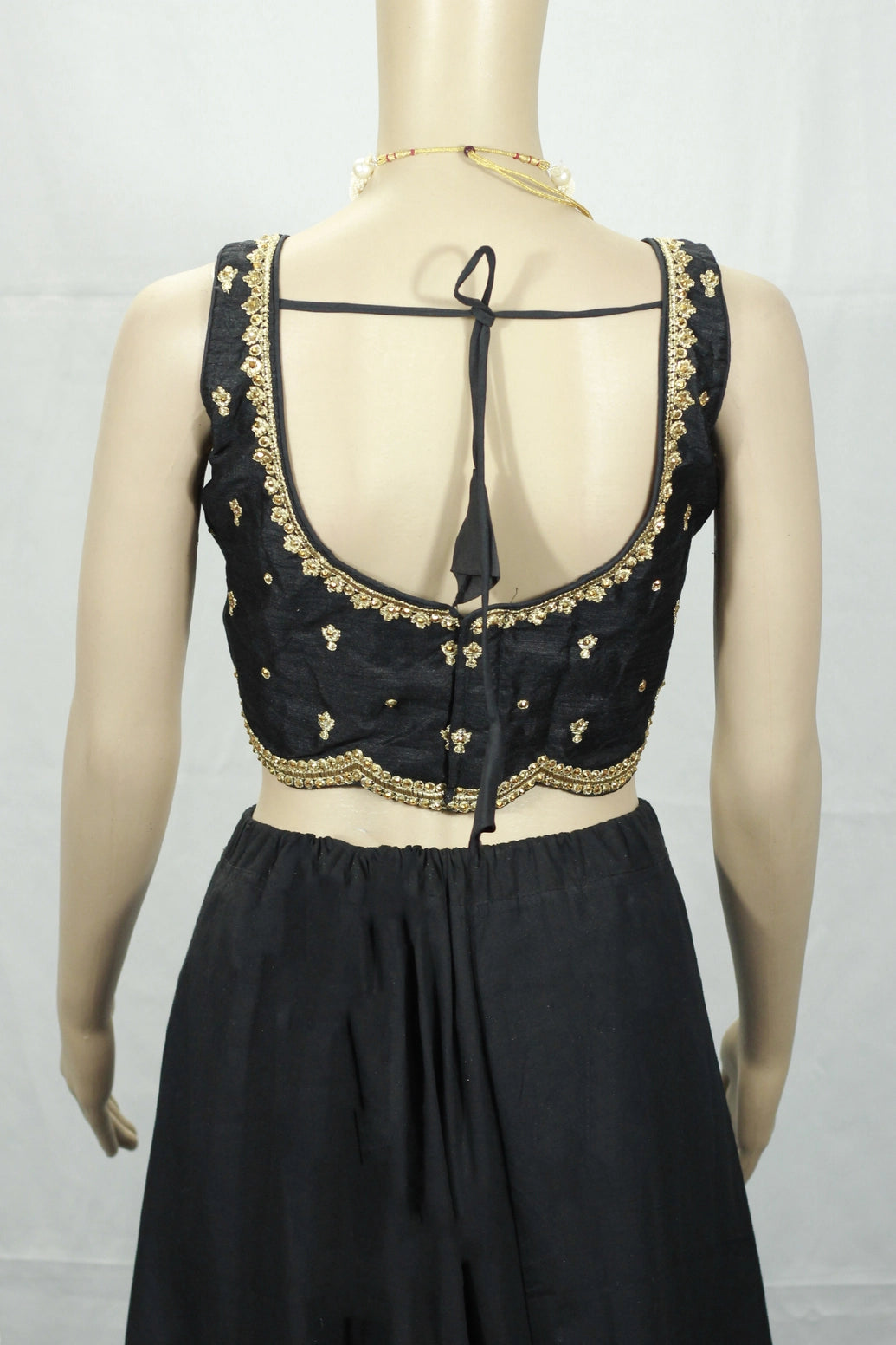 Black Readymade Padded Designer Blouse with Sequin Floral Motifs, Sleeveless, Back Knot, Adjustable up to 44
