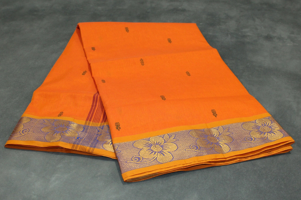 Orange Poly Cotton Saree with Zari Floral Border and Buttas Saree JCS Fashions