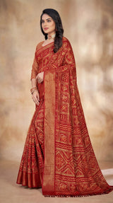 Red Bandhani Print Chiffon Saree with Gold Zari Motifs and Geometric Border for Festive Wear
