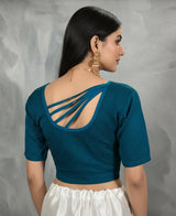 Teal Blue Stretchable Fully Stitched Designer Blouse with Crisscross Back Straps and Elbow Sleeve