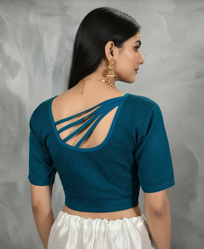 Teal Blue Stretchable Fully Stitched Designer Blouse with Crisscross Back Straps and Elbow Sleeve