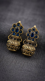 Navy Blue Antique Gold-Tone Floral Jhumka Earrings with Champagne Crystal Stones for Traditional Festive Wear