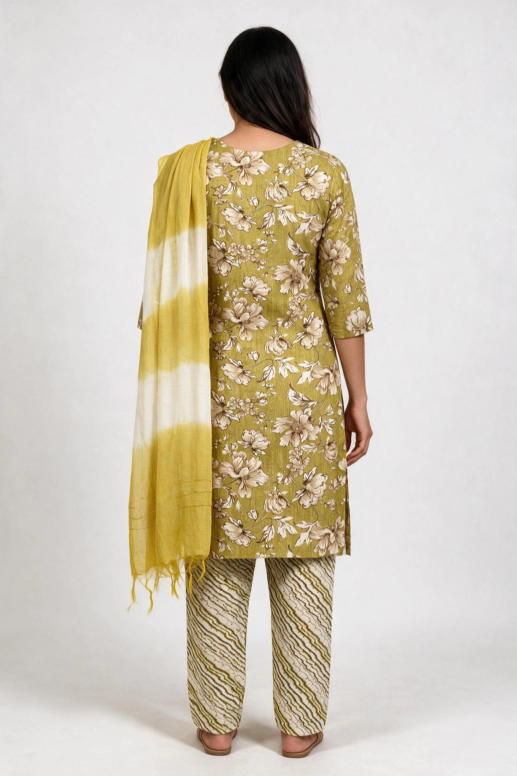 Olive Yellow Cotton Floral Kurti Set with Elastic Pant and Matching Dupatta for Women
