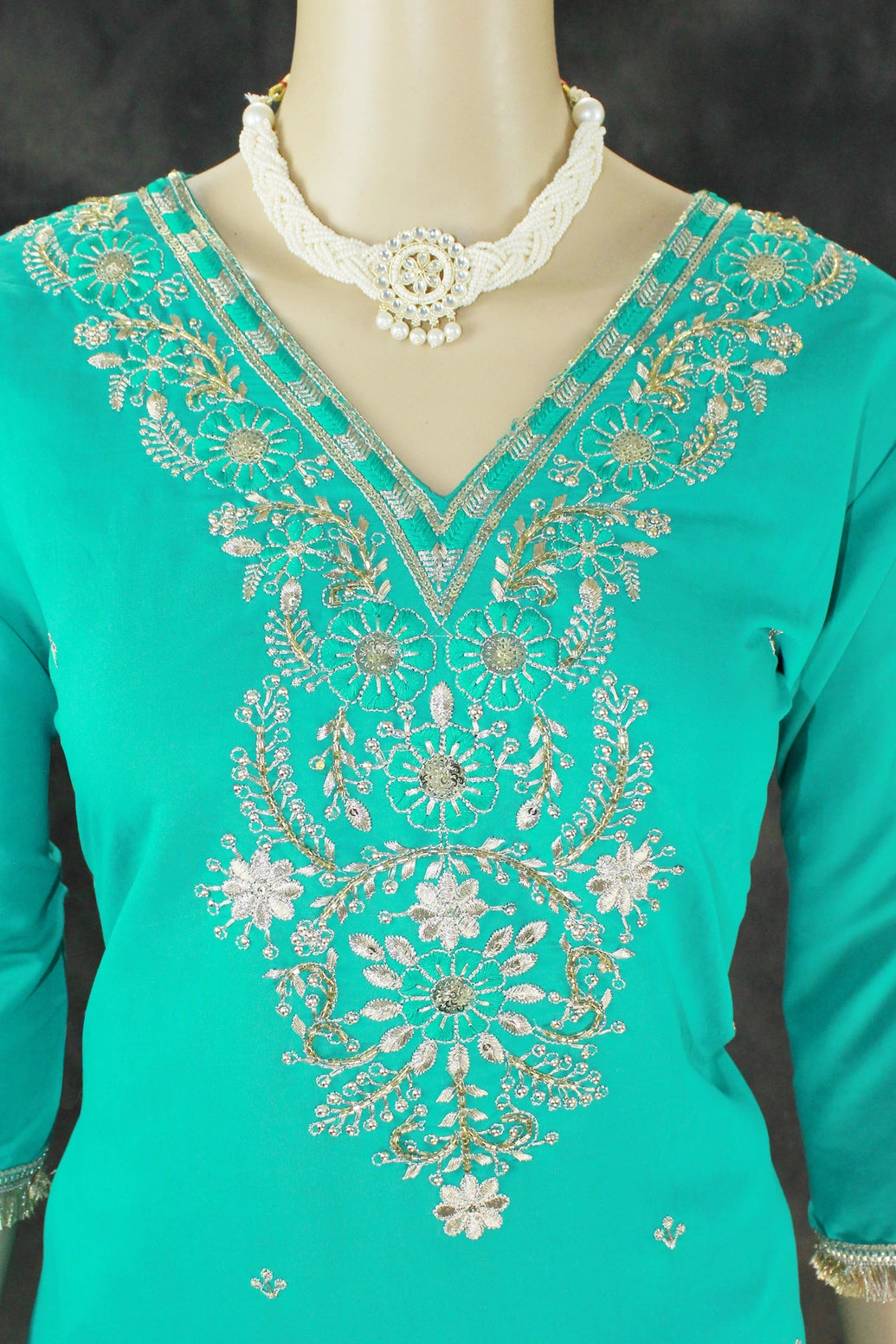 Rama Green Roman Silk Kurti with Palazzo & Banarasi Dupatta Set