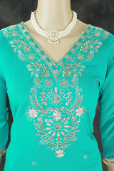 Rama Green Roman Silk Kurti with Palazzo & Banarasi Dupatta Set
