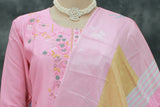 Light Pink Roman Silk 3-Piece Kurti Set with Elastic Pant & Handwork Chinon Dupatta for Women