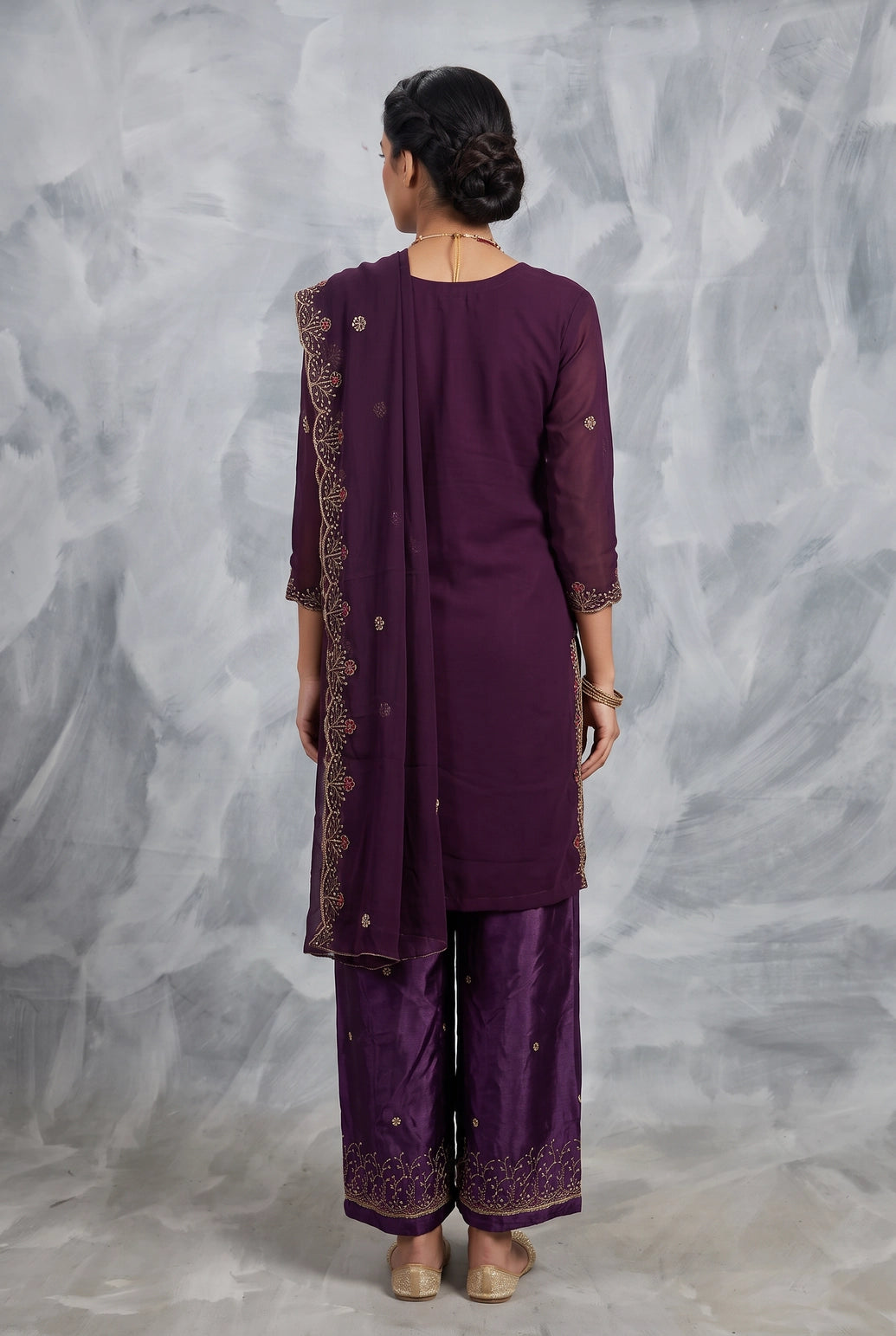 Purple Embroidered Kurti Pant Set with Organza Dupatta, French Work & Jarkan Details