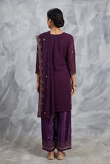 Purple Embroidered Kurti Pant Set with Organza Dupatta, French Work & Jarkan Details