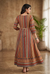 Multicolor Rayon Anarkali Floral Kurti with Stone Work, Round Neck 3/4 Sleeves for Women