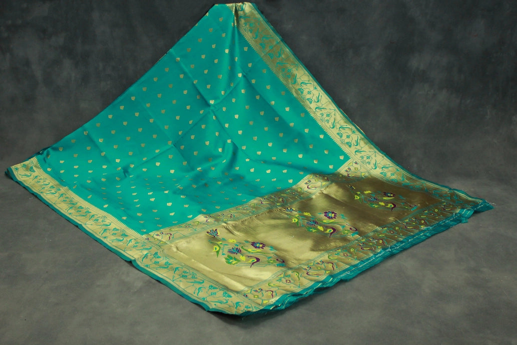 Green Paithani Pure Silk Saree with Peacock Zari Pallu and Design Border, Jacquard Full Body Butties