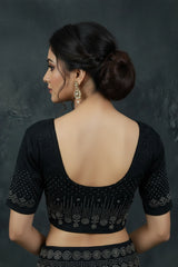 Black Readymade Stretchable Designer Blouse with Stone Embellished Floral and Geometric Work