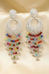 Silver-Tone Multicolor Beaded Jhumka Earrings with Moon Design and Sparkling Stud Tops