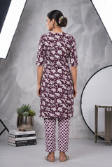 Purple Floral Rayon Kurti with Elastic Pant 2-Piece Set for Women | Round Neck Button Placket 3/4 Sleeves