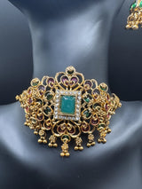 Gold-Tone Pink & Green Choker Necklace Set with Multicolor Stones, Crystal Accents and Matching Jumka Earrings Jewelry JCS Fashions