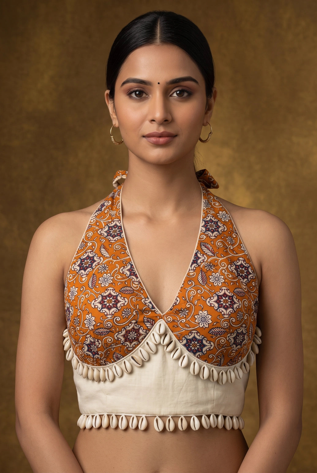 Designer Navratri Readymade Sleeveless Blouse with Kalamkari Floral Print & Cowrie Shell Border