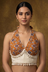 Designer Navratri Readymade Sleeveless Blouse with Kalamkari Floral Print & Cowrie Shell Border