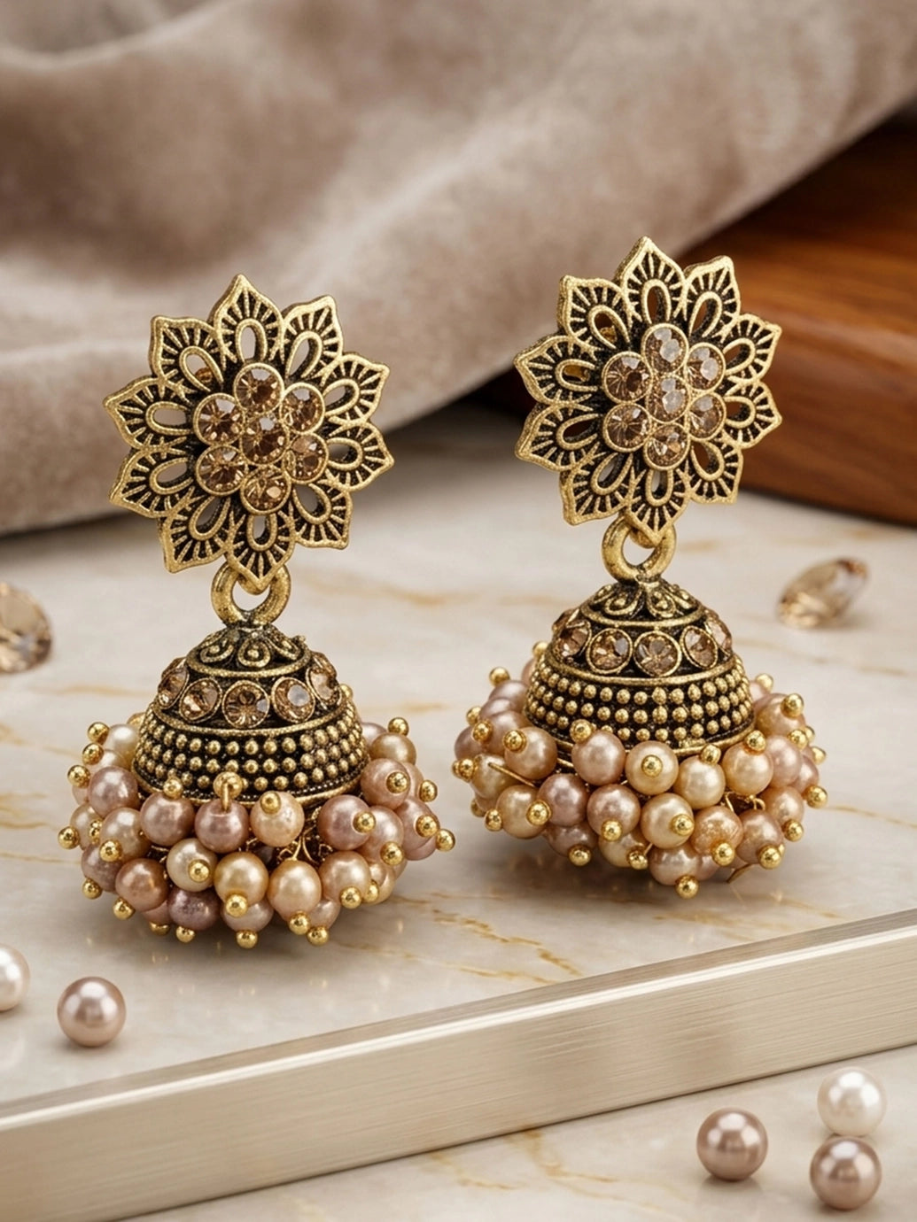 Peach Jhumka Style Floral Stud Drop Earrings with Beaded Cluster for Traditional Wear