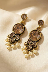 Gold-Tone Antique Finish Pearl Drop Earrings with Round Stone Dangler, Traditional Chandelier Style