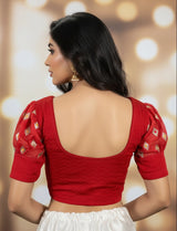 Red Readymade Designer Blouse with Puff Sleeves and Zari Motifs, Fully Stitched Stretchable Ethnic Top