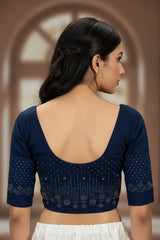Navy Blue Readymade Designer Stretch Blouse with Stone Work Floral Geometric Pattern and Elbow Sleeves