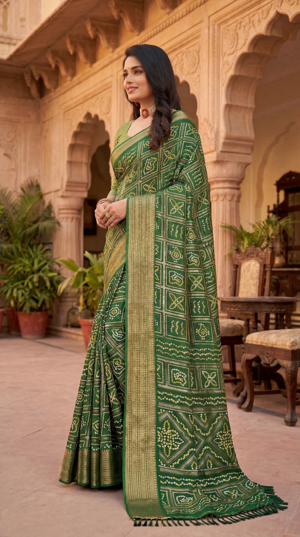 Dark Olive Green Chiffon Bandhani Print Saree with Gold Zari Motifs and Geometric Border for Festive Wear