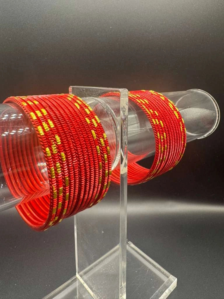 Kids Red Metal Bangles Set of 24 with Gold-Tone Detailing for Girls