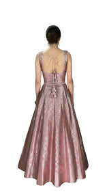 Peach Brocade Silk Lehenga with Silver Zari Floral Weave and Matching Sleeveless Designer Blouse