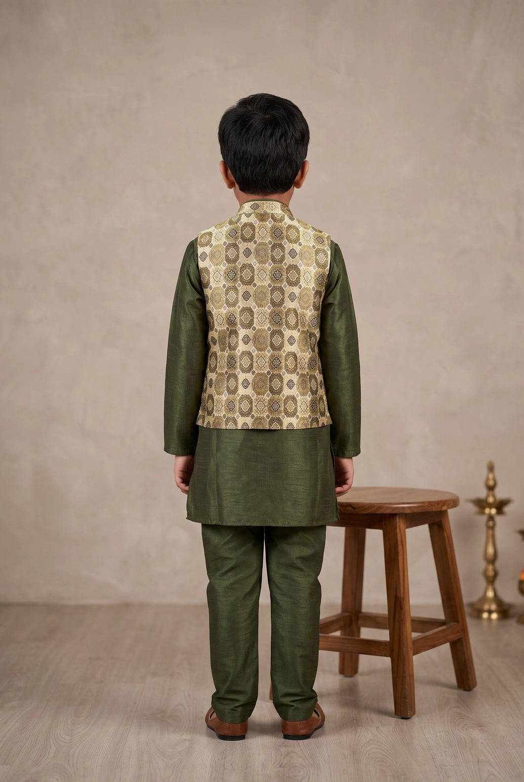 Boys Mehendi Green Koti 3-Piece Kurta Set with Printed Sleeveless Koti and Matching Pants