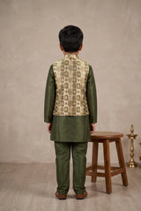Boys Mehendi Green Koti 3-Piece Kurta Set with Printed Sleeveless Koti and Matching Pants