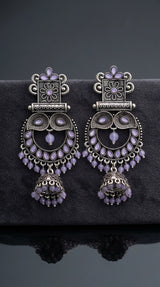 Light Lavender Oxidised Silver Square Statement Earrings with Floral Motif and Stone Detail
