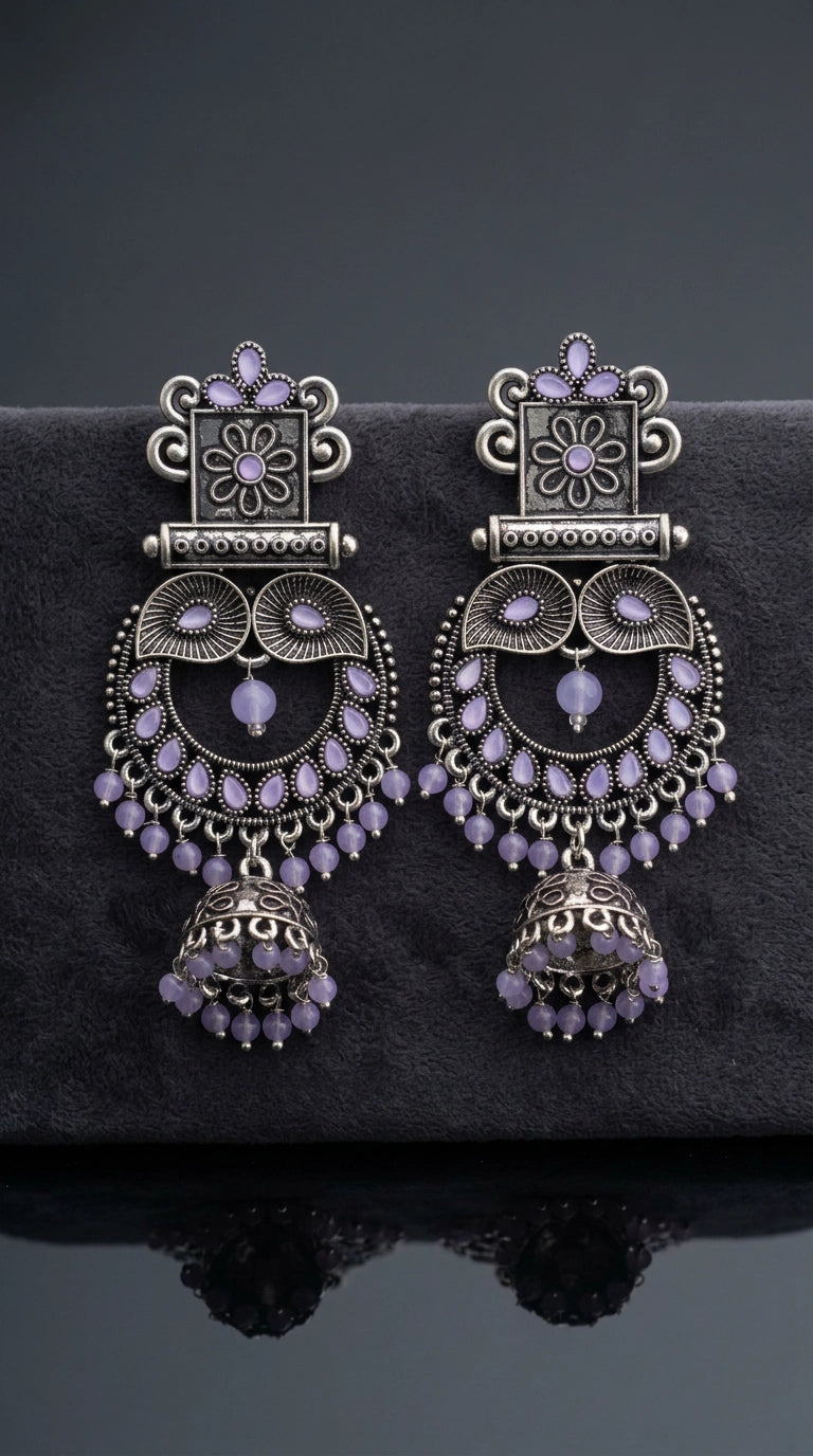 Light Lavender Oxidised Silver Square Statement Earrings with Floral Motif and Stone Detail