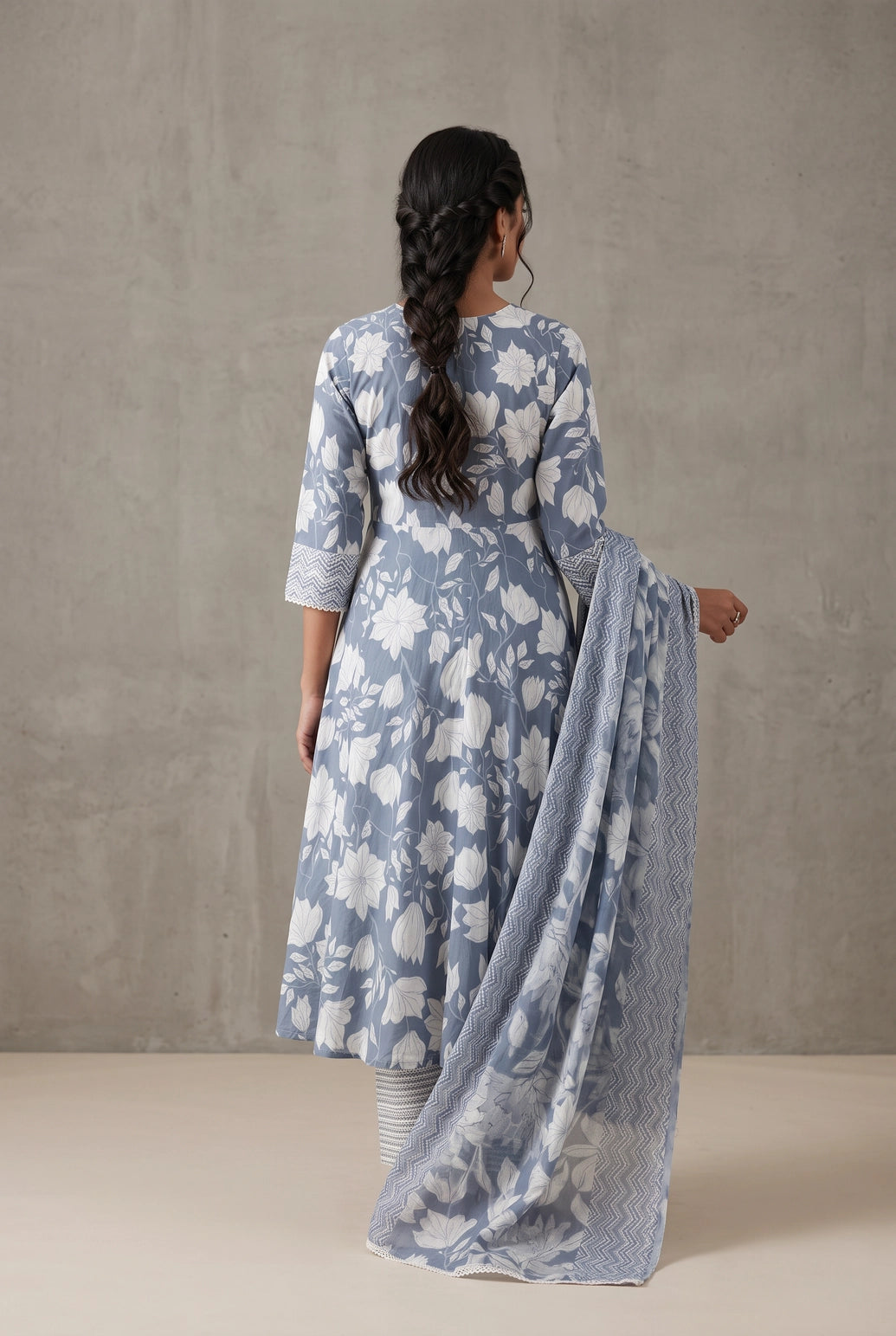 Grey Cotton Kurti with Elastic Pant and Floral Dupatta 3-Piece Set, Embroidered Neckline for Everyday Wear