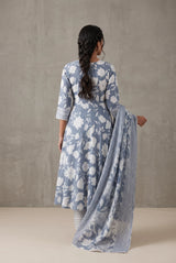 Grey Cotton Kurti with Elastic Pant and Floral Dupatta 3-Piece Set, Embroidered Neckline for Everyday Wear