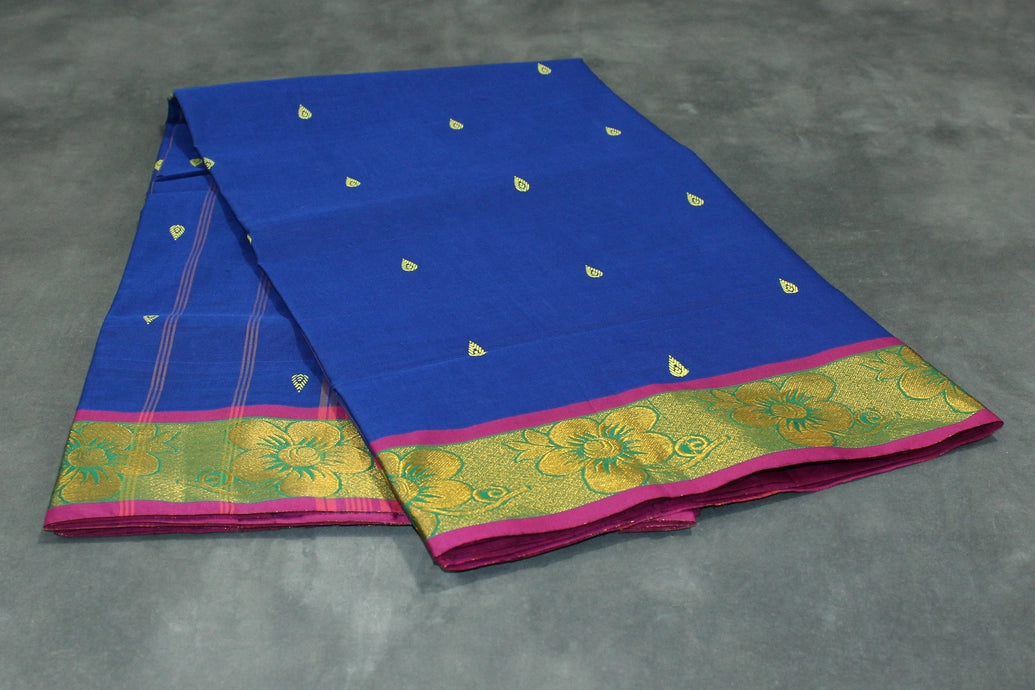 Royal Blue Poly Cotton Butta Saree with Gold Zari Floral Border, Striped Pallu - Traditional Indian Saree Saree JCS Fashions