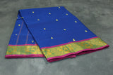 Royal Blue Poly Cotton Butta Saree with Gold Zari Floral Border, Striped Pallu - Traditional Indian Saree Saree JCS Fashions