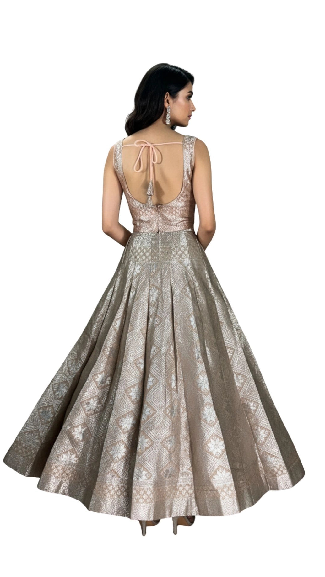 Brown Jacquard Silk Lehenga with Matching Sleeveless Blouse and Woven Zari Motifs for Festive Wear