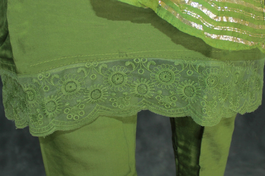 Mehendi Green Rayon Silk 3-Piece Kurti Set with Lined Elastic Pant & Zari Cotton Dupatta