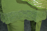 Mehendi Green Rayon Silk 3-Piece Kurti Set with Lined Elastic Pant & Zari Cotton Dupatta